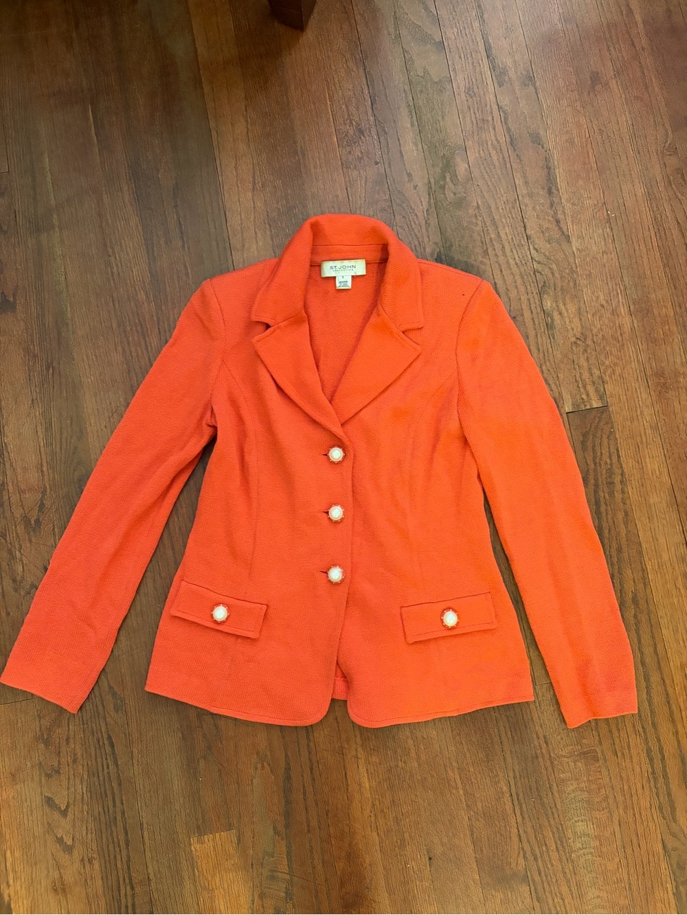 St. John Collection Bright Orange Knit Blazer with Pearl Buttons